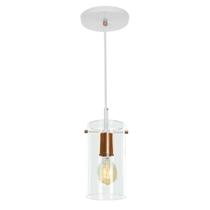 Lustre Pendente Cilindrico Clear Glass Branco Com Cobre