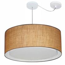 Lustre Pendente Cilíndrico Com Desvio Md-4318 Cúpula em Tecido 60x30cm Palha - Bivolt