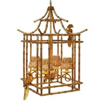 Lustre Pendente Clássico Oriental Leme em Metal e Folhas de Ouro Para Sítio Fazenda - 85x45cm