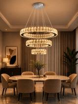 Lustre Pendente Cristal 3 Aros LED Moderno 3 Tons de Luz Bivolt Alto Padrão
