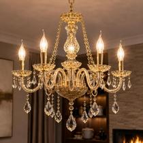 Lustre Pendente Cristal de Luxo Ambar com Dourado 06 Braços