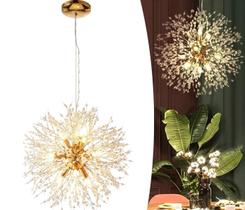 Lustre Pendente Cristal Flor Dente de Leão 40cm Dourado Moderno Clássico Elegante Redondo Globo P/ Lâmpada Led G9 Bivolt 127V 220V Para Sala Estar