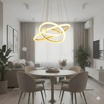 Lustre Pendente Dourado 3 Anéis 40cm Controle Remoto Led 3 Cores