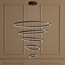 Lustre Pendente Espiral LED 5 Anéis Preto Fosco Moderno Pé Direito Duplo Alto Brilho Sala Hall Escad