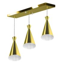 Lustre Pendente Funil Triplo Base Retangular Dourado