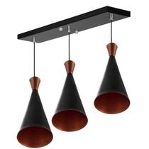 Lustre Pendente Funil Triplo Base Retangular Preto/Cobre