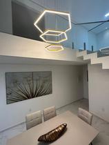 Lustre pendente hexagono 3 aneis moderno dourado em led 3000k he