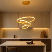 Lustre Pendente Led Luminária 3 Anéis 60W Dourado 60cm