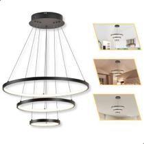 Lustre Pendente Luminária 3 Anéis Preto De Led Bivolt Luxo