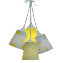 Lustre Pendente Luminária Bebê Tecidos Nuvens e Carneirinhos Cinza e Amarelo