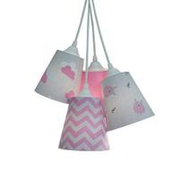 Lustre Pendente Luminária Bebê Tecidos Nuvens e Carneirinhos Cinza e Rosa