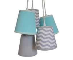 Lustre Pendente Luminária Chevron 5 Cúpulas Tecidos Tiffany e Cinza