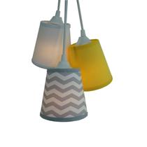 Lustre Pendente Luminária Tecido Chevron Cinza, Tecido Amarelo e Branco