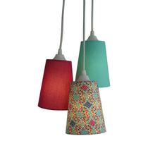 Lustre Pendente Luminária Tripla Tecido Arabescos Colorido