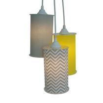 Lustre Pendente Luminária Tripla Tecidos Chevron Cinza e Amarelo