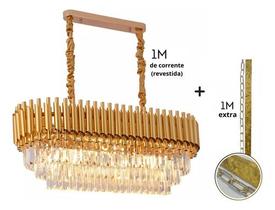 Lustre Pendente Moderno De Luxo Dourado Retangular Cristal L10 E14 Pé Direito Alto/duplo Sala/mesa Jantar - Green Age
