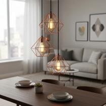 Lustre Pendente Retro Aramado Diamante Design Moderno Triplo