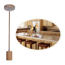 Lustre Pendente Rústico Cilindro Em Madeira Fio Regulável 1M Para Teto Bocal E27 Bivolt