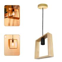 Lustre Pendente Rústico Formato Quadro Em Madeira Canopla Regulável 1,20M Para Teto Fio PP Bocal Soquete E27 Bivolt