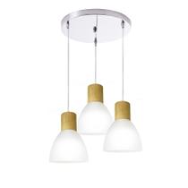 Lustre Pendente Sala de Jantar em Vidro Anello Wood Branco Detalhe Efeito Madeira 3 Lâmpadas
