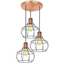 Lustre Pendente Triplo Aladim Aramado Preto com Cobre