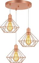 Lustre Pendente Triplo Diamante, Aramado Rose Gold, Estilo Industrial Decorativo