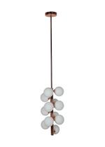 Lustre pendente vertical com bolas brancas de vidro estrutura rosé 12 lâmpadas jabuticaba
