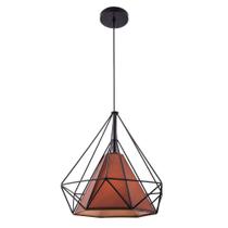 Lustre Piramide Pendente Aramado Piramidal Preto c/ Tecido Café 38cm Design Estilo Industrial Bivolt