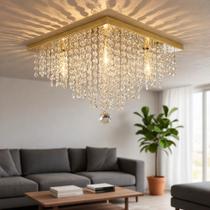 Lustre Plafon Cristal K9 40x40 Dourado Base Inox Sala de Jantar Quarto 4x G9 Bivolt Lustre Plafon Cristal K9 40x40 Dourado Base Inox Sala de Jantar Quarto 4x G9 Bivolt
