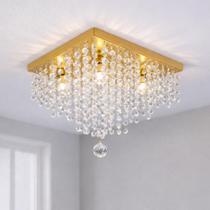 Lustre Plafon Dourado de Cristal K9 Legítimo 30x30cm Base Inox Espelhado 4 G9 para Sala Quarto Luxo Lumens Design