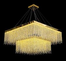 Lustre Quadrado Moderno Metal Dourado Cascata Pingentes Cris