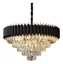 Lustre Redondo Preto e Dourado com Cristais 8E14 50cm