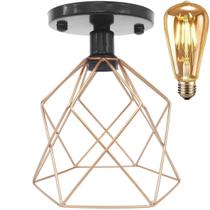 Lustre Teto Plafon + Lâmpada Led Industrial Aramado Cálice Cobre Rose Gold Retrô Luminária Preto