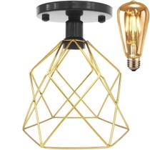Lustre Teto Plafon + Lâmpada Led Industrial Aramado Cálice Dourado Retrô Luminária Vintage Preto