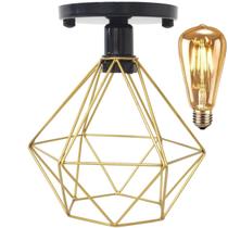Lustre Teto Plafon + Lâmpada Led Industrial Aramado Diamante Dourado Retrô Luminária Vintage Preto