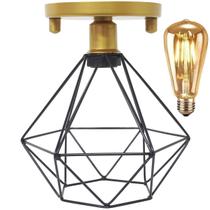 Lustre Teto Plafon + Lâmpada Led Industrial Aramado Diamante Preto Retrô Luminária Vintage Dourado