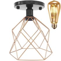 Lustre Teto Plafon + Lâmpada Led St64 Industrial Aramado Cálice Retrô Luminária Sobrepor Vintage