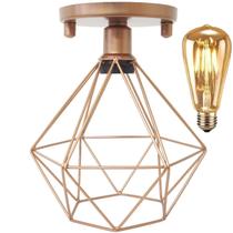 Lustre Teto Plafon + Lâmpada Led St64 Industrial Aramado Diamante Retrô Luminária Sobrepor Vintage