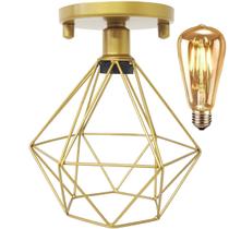 Lustre Teto Plafon + Lâmpada Led St64 Industrial Aramado Diamante Retrô Luminária Vintage Dourado