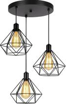 Lustres Luminaria Aramado Triplo modelo Diamante 03 Juntos Na Mesma Canopla Ideal para mesa de Jantar, Sala, Quarto Preto