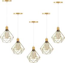 Lustres Luminárias de Teto Aramado Diamante Pendentes Dourado Com Fio Cristal Kit Com 5