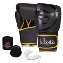 Luva Boxe Muay Thai Black Line Naja - Par de Luvas + Bandagem + Protetor Bucal