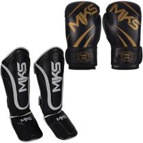 Luva Boxe Muay Thai New Champion Preta/Dourada + Caneleira Muay Thai Prospect Preta - Mks Combat
