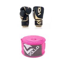 Luva Boxe/Muay Thai Vollo Preta/Dourada 14 Oz +Bandagem Rosa