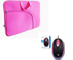Luva Case Estojo com Bolso e Alça Rosa para Notebook de até 15.6 Polegadas + Mouse c/ LED vermelho