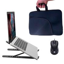 Luva Case Preta com Bolso Alça p/ Notebook 15.6 kit com Suporte apoio 6 níveis + Mouse
