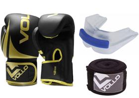 Luva de Boxe/Muay Thai Vollo + Protetor Bucal Duplo + Bandagem Elástica Preta