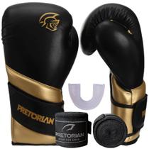 Luva Muay Thai Boxe Kickboxing Elite Preto/Dourado + Bandagem + Protetor Bucal + Bolsa - Pretorian