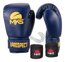 Luva muay thai boxe kickboxing prospect azul/amarelo + bandagem 2,55m + protetor bucal - mks Luva muay thai boxe kickboxing prospect azul/amarelo + bandagem 2,55m + protetor bucal - mks