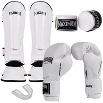 Luva Muay Thai New Classic White + Caneleira Muay Thai Classic White + Bandagem 3M + Bucal - Maximum